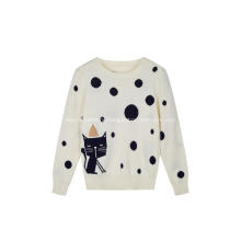 Girl's Knitted Angry Cat and Dots Jacquard Pullover